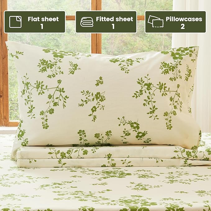 Bedlifes 100% French Linen Sheets King Size – Floral Printed, Botanical Pattern Breathable Cooling Sheet Set, 16" Deep Pocket, 4-Piece (King, Floral Green)