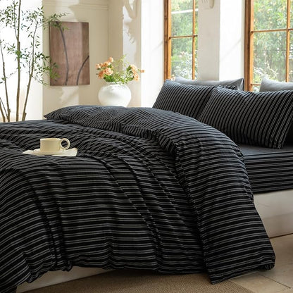 Striped Duvet Cover Set 100% Washed Cotton Linen Like Soft Feelling Breathable Bedding(Strip-Black/White,King)