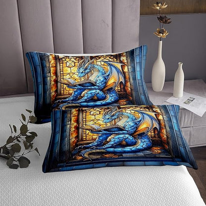 Western Dragon Kids Bedspread Queen Size,Blue Dragon Reading Book Bookshelf Coverlet Set,Boys Girls Room Decor,Geometric Patchwork Abstract Quilted Coverlet,Trippy Chic Bedding Quilt,2 Pillowcases