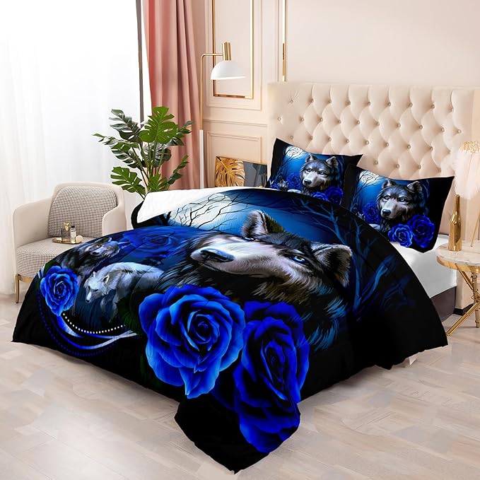 Wolf Bedding Set King Size,Blue Rose King Size Comforter Set,King Size Wolf Comforter Bed Set,King Quilt Bedding Set Rose,Wolf Bedding Set King Size Animal Print Comforter Set
