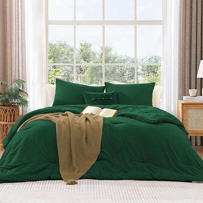 WRENSONGE Full Size Comforter Sets - 3 Pieces Emerald Green Comforter Prewashed Soft Lightweight for All Seasons, Fluffy Down Alternative Comforter Full Size with 2 Pillow Shams