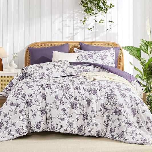 Luxudecor Floral Comforter Set Queen Size 7 Pieces, Purple Flower with Bird Bed in a Bag, Soft Reversible Comforter with Sheet Bed Set 90"x90"