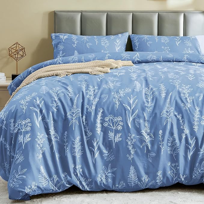 MUXHOMO Duvet Cover King Size, Reversible Floral Ice Blue Duvet Cover Set with Zipper Closure, 3 Pieces Botanical Patterns Soft Microfiber Bedding Set with 4 Ties (90"x104", 2 Pillow Cases)