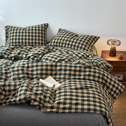 EAVD Vintage Style Beige&Green Plaid Duvet Cover Set Twin 100% Washed Cotton Like Linen Feel Soft Grid Checkered Bedding Set with 2 Pillowcases Farmhouse Geometric Pattern Duvet Cover with Zipper