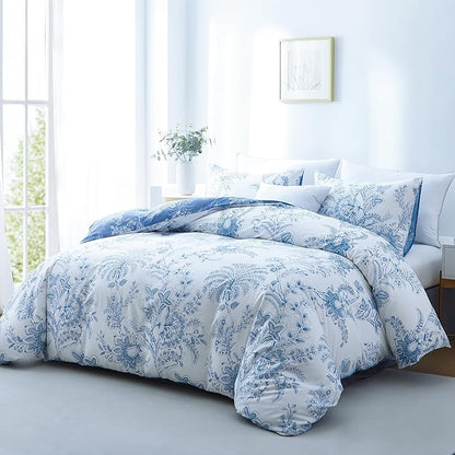 BOLINLIVING Floral King Size Comforter Set, Soft Breathable Bed in a Bag King Size 3 Pieces, Blue and White Floral Bedding Set for All Season, 1 Comforter & 2 Pillowcases