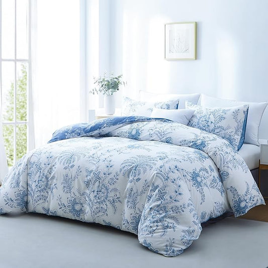 BOLINLIVING Floral King Size Comforter Set, Soft Breathable Bed in a Bag King Size 3 Pieces, Blue and White Floral Bedding Set for All Season, 1 Comforter & 2 Pillowcases