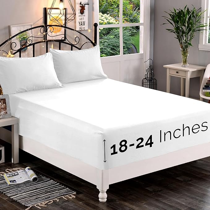 Elegant Comfort 1500 Premium Quality Fitted Sheet Ultra Soft 18-24 Inch Extra Deep Pocket - Single Fitted Sheet for High Mattress - Wrinkle Free with Smart Storage Pockets, California King, White