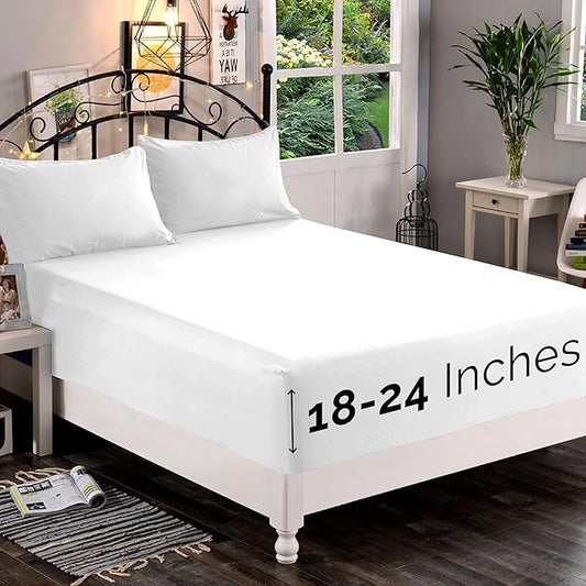 Elegant Comfort 1500 Premium Quality Fitted Sheet Ultra Soft 18-24 Inch Extra Deep Pocket - Single Fitted Sheet for High Mattress - Wrinkle Free with Smart Storage Pockets, California King, White