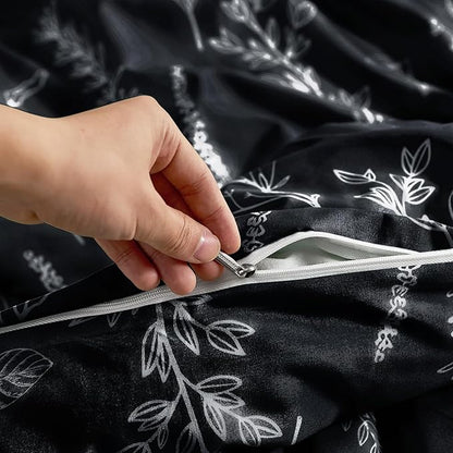 MUXHOMO Duvet Cover Queen Size, Reversible Floral Black Duvet Cover Set with Zipper Closure, 3 Pieces Botanical Patterns Soft Microfiber Bedding Set with 4 Ties (90"x90", 2 Pillow Cases)