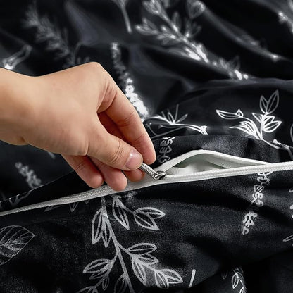 MUXHOMO Duvet Cover Full Size, Reversible Floral Black Duvet Cover Set with Zipper Closure, 3 Pieces Botanical Patterns Soft Microfiber Bedding Set with 4 Ties (80"x90", 2 Pillow Cases)