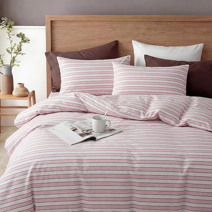 Bedbay Cotton Striped Duvet Cover Set King Size, Soft Blush Pink Stripe Bedding Set, 100% Cotton Sateen, Minimal Casual Hotel Style Duvet Cover 3 Piece for All Seasons