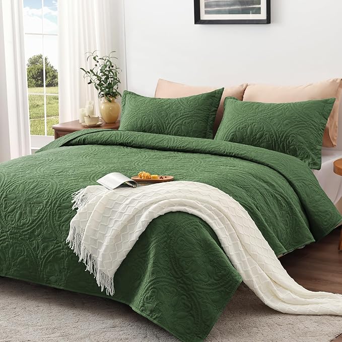 EXQ Home Quilt Set Full Queen Size Olive Green 3 Piece,Lightweight Soft Coverlet Mandala Flower Pattern Bedspread Set for All Season(1 Quilt,2 Pillow Shams)