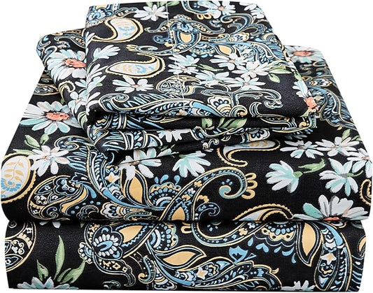 JSD Black Paisley Floral Printed Sheet Set Queen Size, 4 Piece Soft Pattern Microfiber Sheets Extra Deep Pocket