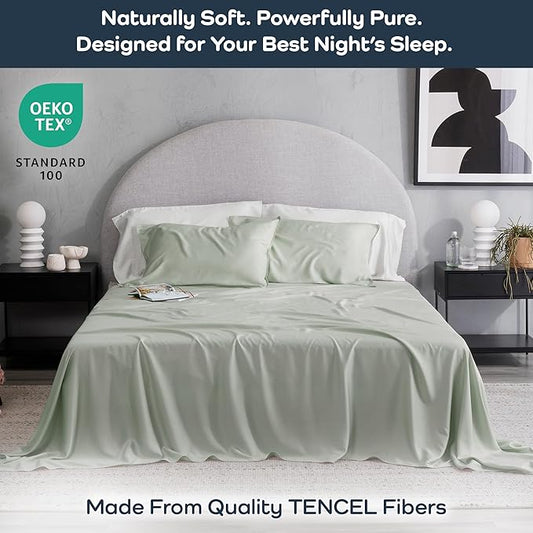 Olive + Crate Tencel Lyocell Eucalyptus Queen Size Sheet Set - Cooling Tencel Sheets for Hot Sleepers with 18 Inch Deep Pocket Fit - Spring Sage 4-Piece Set