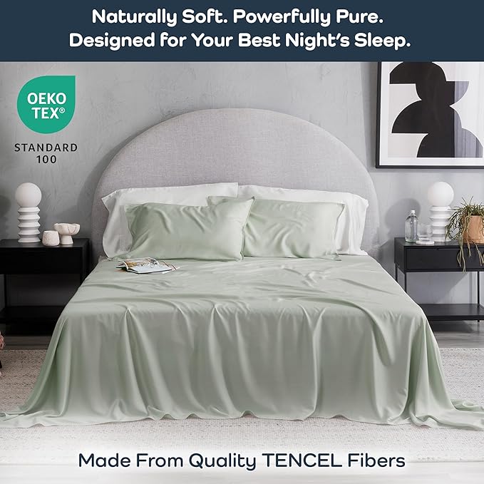 Olive + Crate Tencel Lyocell Eucalyptus California King Sheets - Cooling Tencel Sheets for Hot Sleepers with 18 Inch Deep Pocket Fit - Spring Sage 4-Piece Set