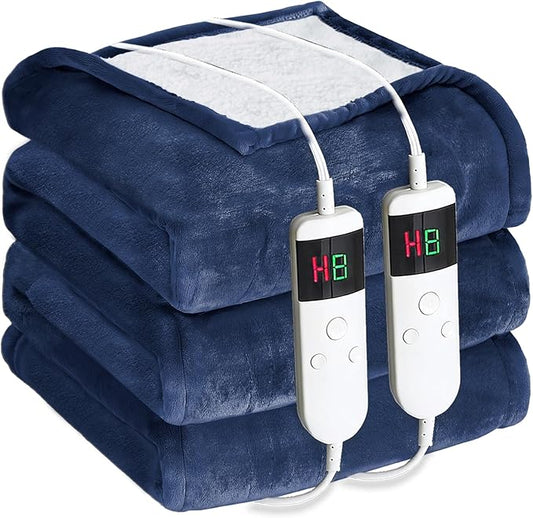 Electric Heated Blanket Queen Size 84''x90'' - Dual-Control Heating Blanket, Soft & Warm Flannel 10-Level Temperature Control, 8 Hours Auto Off, Rapid Heating & Overheat Protection