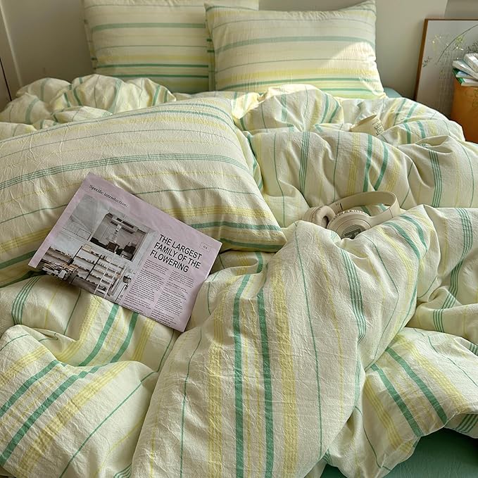EAVD Vintage Striped Comforter Set Full Soft Cotton 3-Piece Boho Bedding Set with 2 Pillowcases Retro Yellow-Green Vertical Stripes Geometric Comforter Set for All-Season