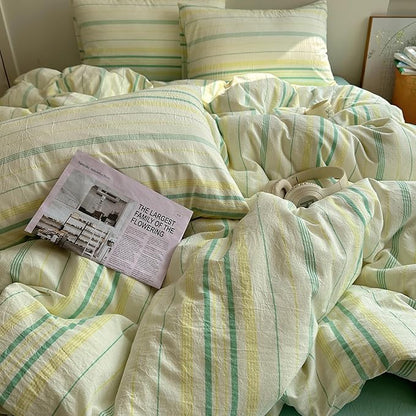 EAVD Vintage Striped Comforter Set Full Soft Cotton 3-Piece Boho Bedding Set with 2 Pillowcases Retro Yellow-Green Vertical Stripes Geometric Comforter Set for All-Season