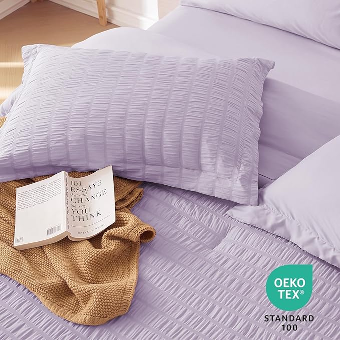 MUXHOMO 7 Pieces King Comforter Set, Seersucker Bed in a Bag King Size, All Season Luxury Bedding Set with Comforter, Flat Sheet, Fitted Sheet, Pillowcases & Shams, Lavender