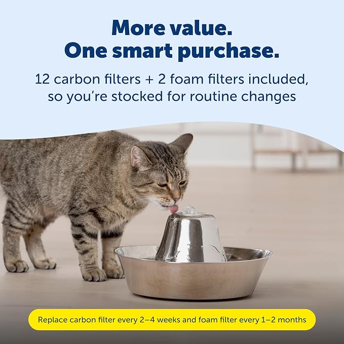 Seaside Stainless Pet Fountain with Extra 12-Pack of Carbon Filters and | 60 Oz Capacity, 360-Degree Flow, Triple-Filter with 2.5x More Activated Carbon, Scratch/Rust-Resistant Stainless Steel