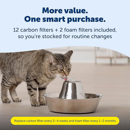 Seaside Stainless Pet Fountain with Extra 12-Pack of Carbon Filters and | 60 Oz Capacity, 360-Degree Flow, Triple-Filter with 2.5x More Activated Carbon, Scratch/Rust-Resistant Stainless Steel