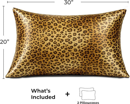 Pure Bedding Satin Pillowcase 2 Pack - Queen Size (20"x30", Gold Leopard) - Silky Pillow Cases for Hair and Skin - Satin Pillow Covers with Envelope Closure - Extra Soft Premium Microfiber