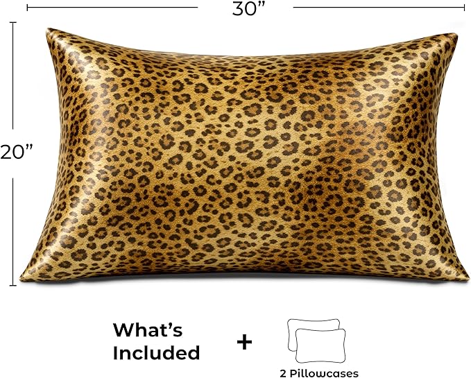 Pure Bedding Satin Pillowcase 2 Pack - Queen Size (20"x30", Gold Leopard) - Silky Pillow Cases for Hair and Skin - Satin Pillow Covers with Envelope Closure - Extra Soft Premium Microfiber