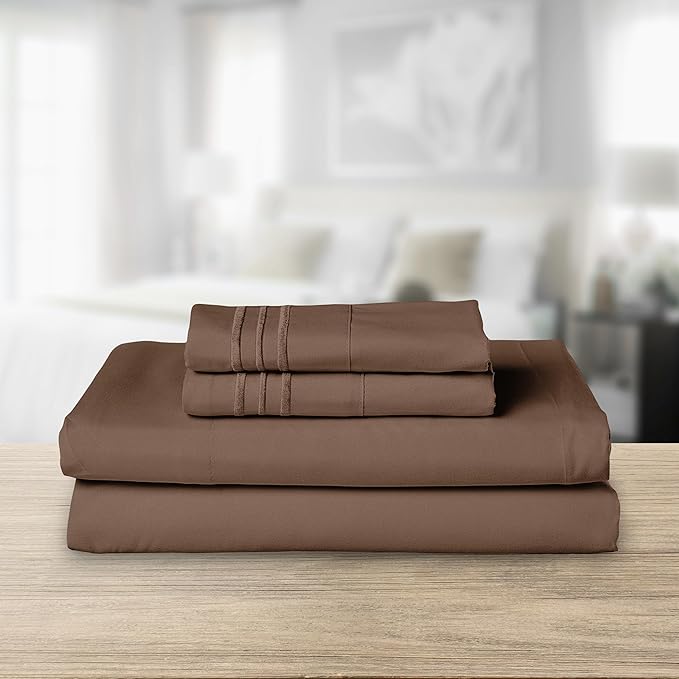 Elegant Comfort Luxurious 1500 Premium Hotel Quality Microfiber Three Line Embroidered Softest 4-Piece Bed Sheet Set, Wrinkle and Fade Resistant, Twin/Twin XL, Taupe