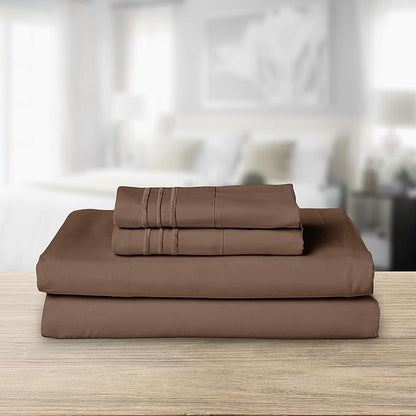 Elegant Comfort Luxurious 1500 Premium Hotel Quality Microfiber Three Line Embroidered Softest 4-Piece Bed Sheet Set, Wrinkle and Fade Resistant, Twin/Twin XL, Taupe