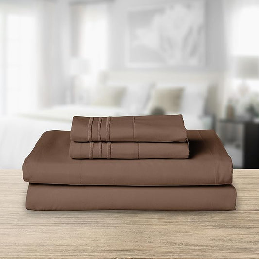 Elegant Comfort Luxurious 1500 Premium Hotel Quality Microfiber Three Line Embroidered Softest 4-Piece Bed Sheet Set, Wrinkle and Fade Resistant, King, Taupe