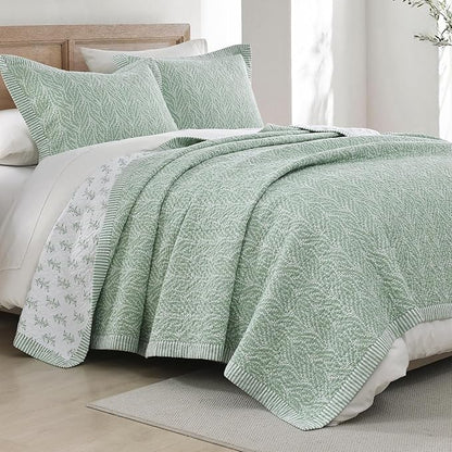 SahSahCasa Quilt Set Queen Size, 100% Cotton Quilt Bedding Set Bedspread, Botanical Pattern Solid Color Chic Lightweight Quilted Comforter for Queen Bed, White/Green, All Season, 3 Pieces