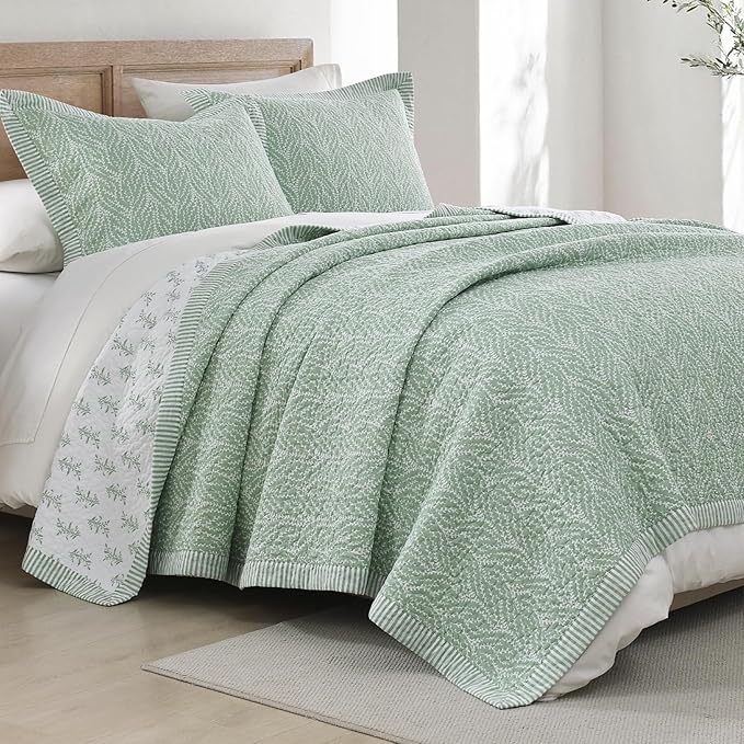 SahSahCasa Quilt Set King Size, 100% Cotton Quilt Bedding Set Bedspread, Botanical Pattern Solid Color Chic Lightweight Quilted Comforter for King Bed, White/Green, All Season, 3 Pieces