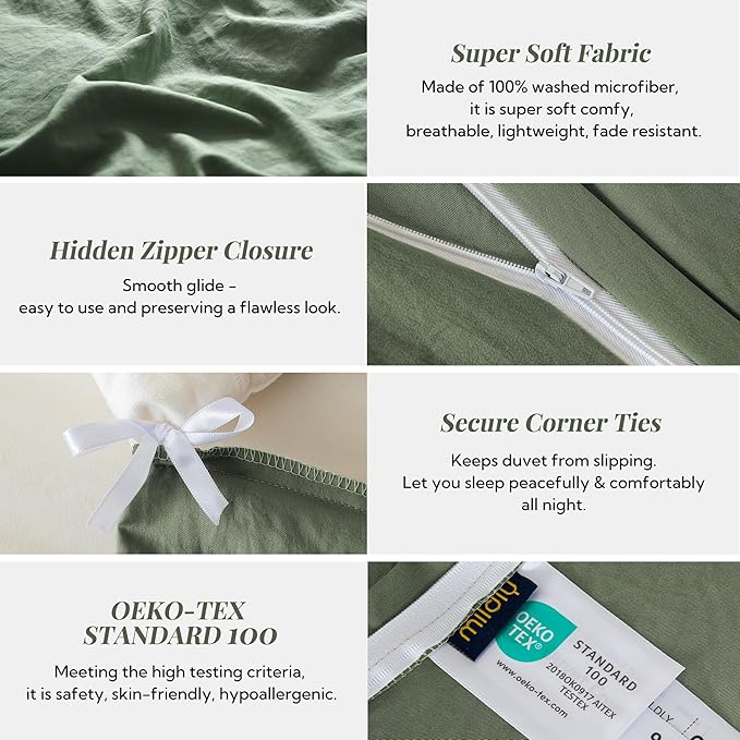 MILDLY Super Soft Duvet Cover - 100% Washed Microfiber Olive Green Comforter Cover Set 3 Pieces with Zipper Closure & Corner Ties (No Comforter)