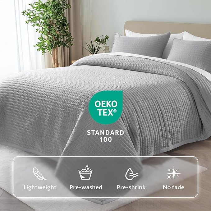 Kasentex KWX1804-GY Quilt Mini Set-Stone Washed-Super Soft Bedspread-Light Weight-White Down Alternative Microfiber Fill-Machine Washable-Solid Colors, Twin + 2 Shams, Grey