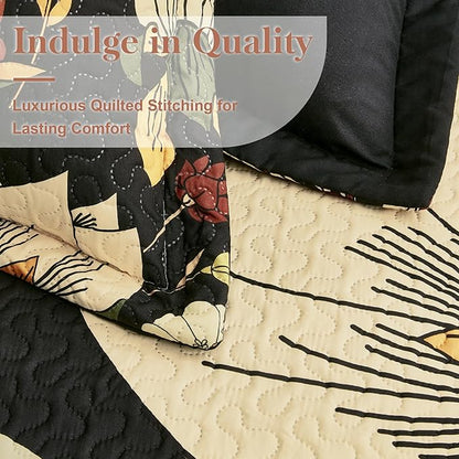 3 Piece Black Boho Floral King Size Quilt Sets Reversible Farmhouse Botanical Lightweight Bedspread Coverlet with 2 Shams Mid Century Microfiber Bedding Quilts Set for All Season,106''x96''