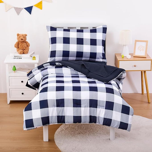 Wake In Cloud - Gingham Toddler Bedding Set for Girls Boys, Cute Plaid Buffalo Check, 4 Pieces Soft Crib Bed Set Including Comforter, Sheets and Pillowcase, Navy Blue