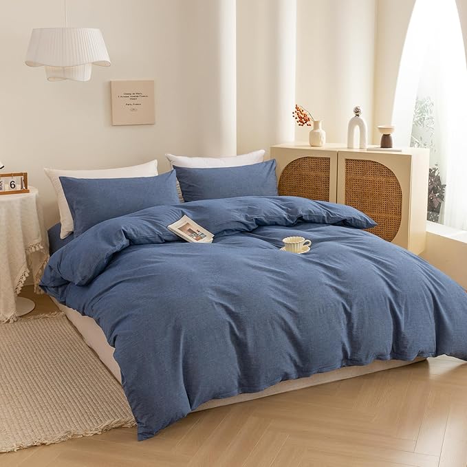 ECOCOTT Denim Blue Duvet Cover Queen Size, 100% Washed Cotton 1 Duvet Cover with Zipper and 2 Pillowcases, Ultra Soft and Easy Care Breathable Cozy Bedding Set (Denim Blue, Queen)