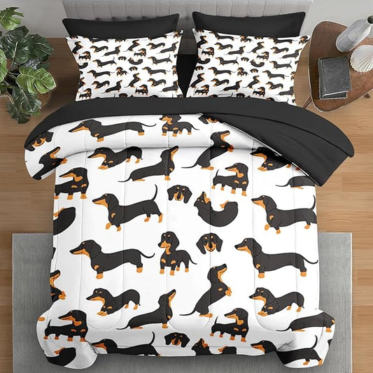 Comforter Set Twin Size, Dog Family Animal 5 Pcs Bedding for Kids and Adults, Happy Cute Dachshund Bed Sheet Sets with Fitted Sheet Pillowcase & Sham for Bedroom Bed Decor