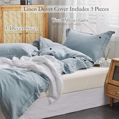 Simple&Opulence 100% Washed Linen Duvet Cover with Embroidered,3 Pieces Soft Farmhouse Comforter Set with Button Closure,1 Duvet Cover and 2 Pillowshams(Queen,Dusty Blue)