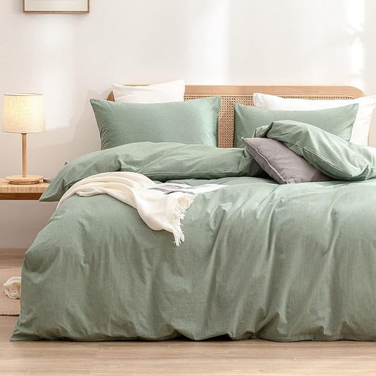 BESTOUCH Duvet Cover Set 100% Washed Cotton Linen Feel Super Soft Comfortable Chic Lightweight 3 PCs Home Bedding Set Solid Green Super Queen