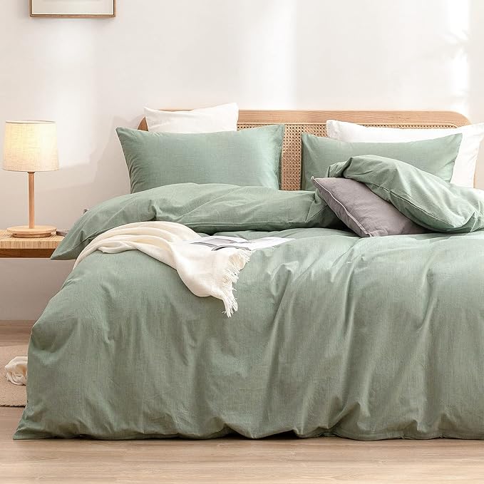BESTOUCH Duvet Cover Set 100% Washed Cotton Linen Feel Super Soft Comfortable Chic Lightweight 3 PCs Home Bedding Set Solid Green Oversized Queen