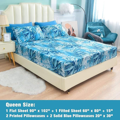 JSD Blue Tropical Leaves Print Sheet Set Queen Size, 6 Piece Soft Pattern Microfiber Bed Sheets Extra Deep Pocket
