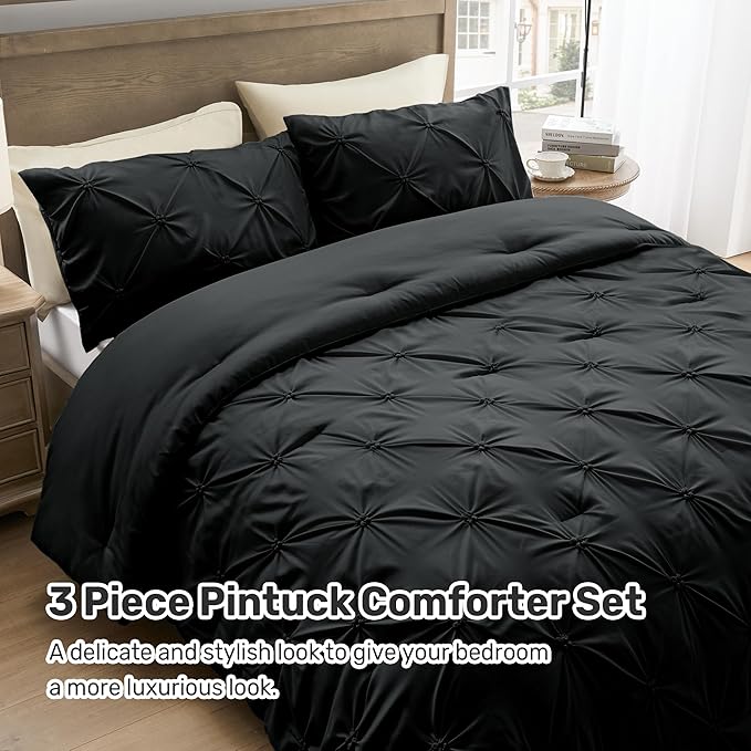 UNIKOME Queen Comforter Set Black - Ultra Soft Boho Pintuck Down Alternative Bedding Set for All Seasons, 3 Pieces Lightweight Warm Pinch Pleat Bed Set with Comforter, 2 Pillowcases