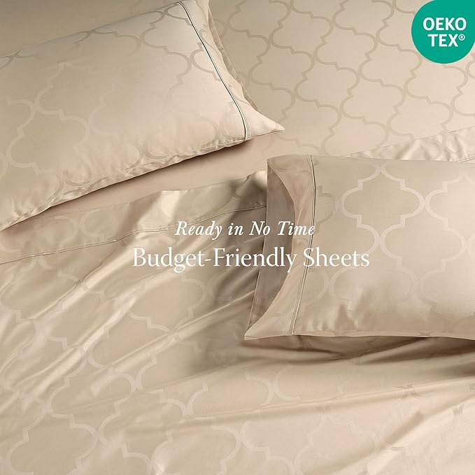 300 Thread Count Jacquard Tradition Light Beige Queen Sheets - 100% Cotton Breathable Silky Soft Damask Sheets - 3 Pc Bed Sheet Set Elasticized Deep Pockets - Wrinkle Free Bedding Sheets by Threadmill
