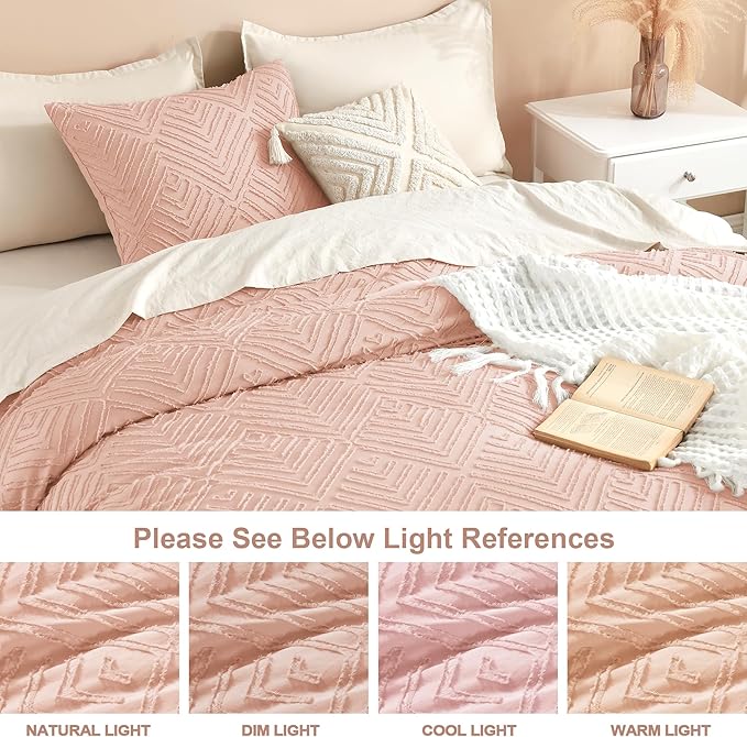 Litanika Blush Pink King Size Comforter Set, 3 Pieces Tufted Boho Farmhouse Bedding Comforter Sets, Lightweight Fluffy Comforter Bed Set for All Season (104x90In Comforter and 2 Pillowcases)