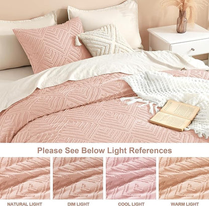Litanika Blush Pink Queen Comforter Set, 3 Pieces Tufted Boho Farmhouse Bedding Comforter Sets, Lightweight Fluffy Comforter Bed Set for All Season (90x90In Comforter and 2 Pillowcases)