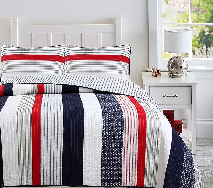 Cozy Line Home Fashions 100% Cotton Sailor Navy Blue Star Striped Reversible Bedding Quilt Set (Patriotic Stripe, Twin)