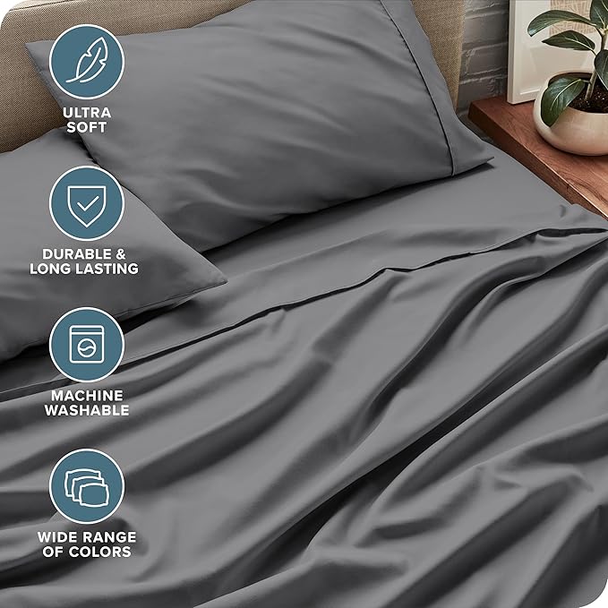 Bare Home Queen Sheet Set - 1800 Ultra-Soft Microfiber Queen Bed Sheets - Double Brushed - Deep Pockets - Easy Fit - 4 Piece Set - Bedding Sheets & Pillowcases (Queen, Grey)