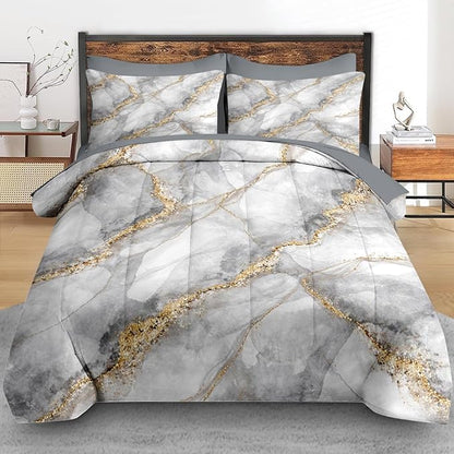 Comforter Set Full Size, Marble Gold Stone 7 Pcs Bedding for Adults, Gray Vintage Retro Bed Sheet Sets with Fitted Sheet 2 Pillowcases & 2 Shams for Bedroom Bed Decor
