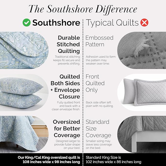 Southshore Fine Living, Inc. Boho Quilt Set, Lightweight Bedspread, Summer Coverlet, 3-Piece Paisley Bedding Set with Two Matching Pillow Shams, California King Quilts, Blue Paisley